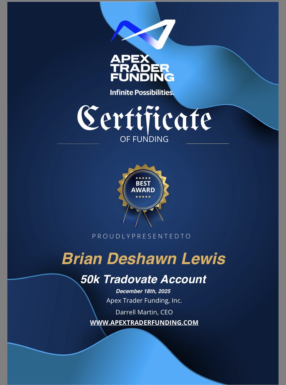 Apex Trader Funding certificate