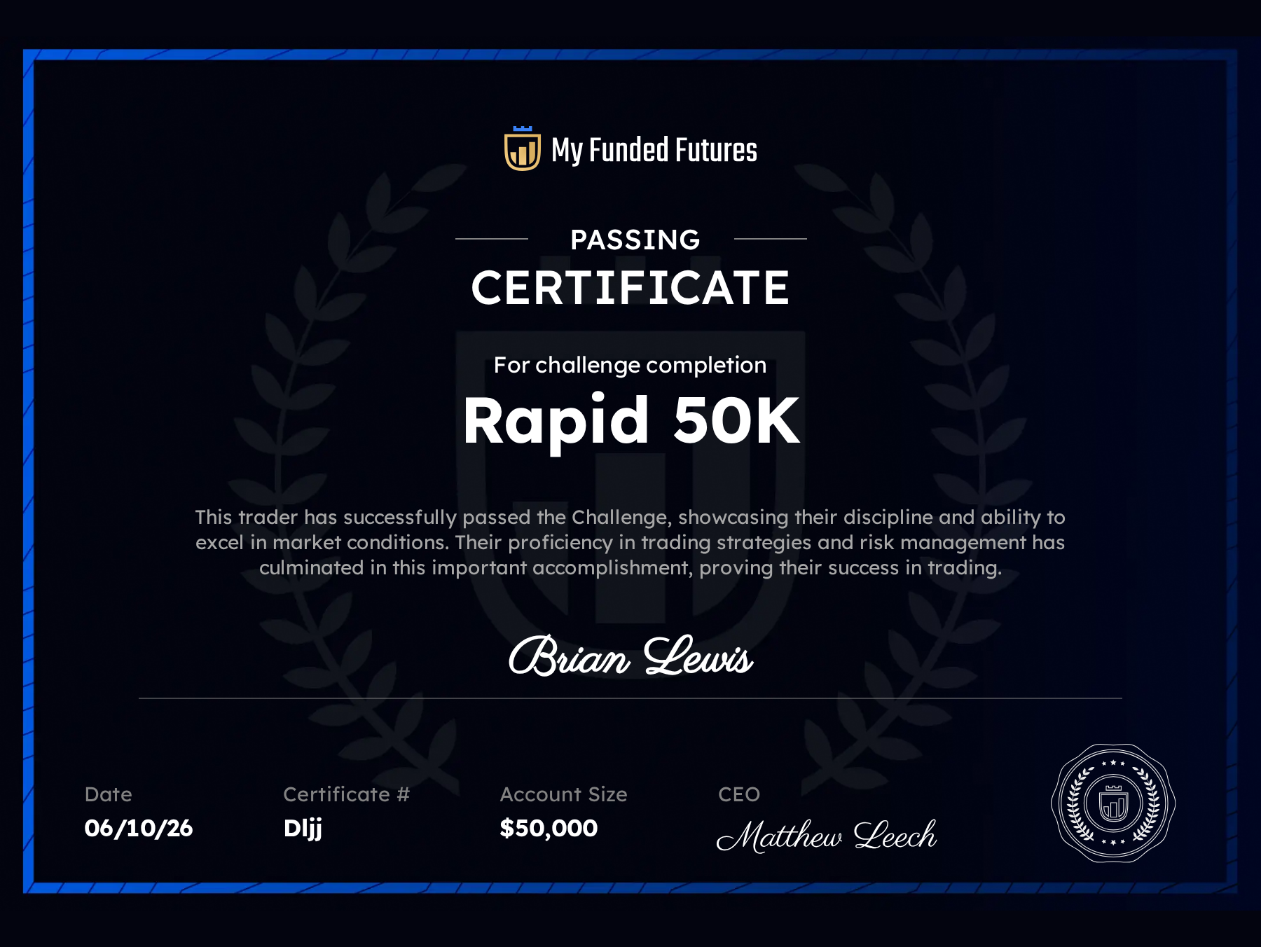 My Funded Futures certificate