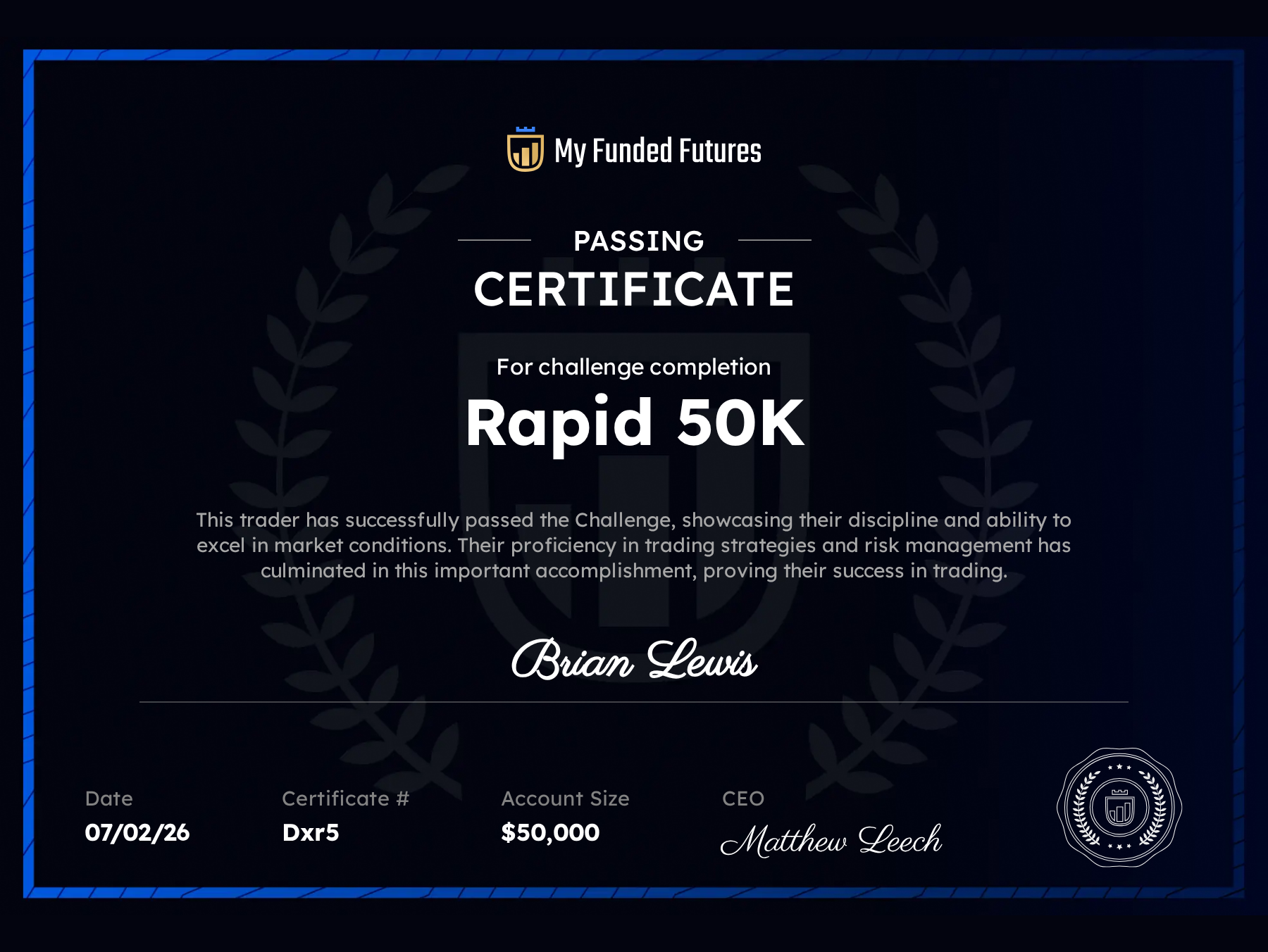 My Funded Futures certificate